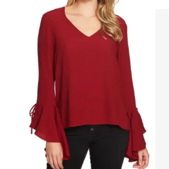 1.State Top Currant Red Pull Over Long Cascade Sleeves V Neck Tie Strings Blouse - Picture 1 of 1